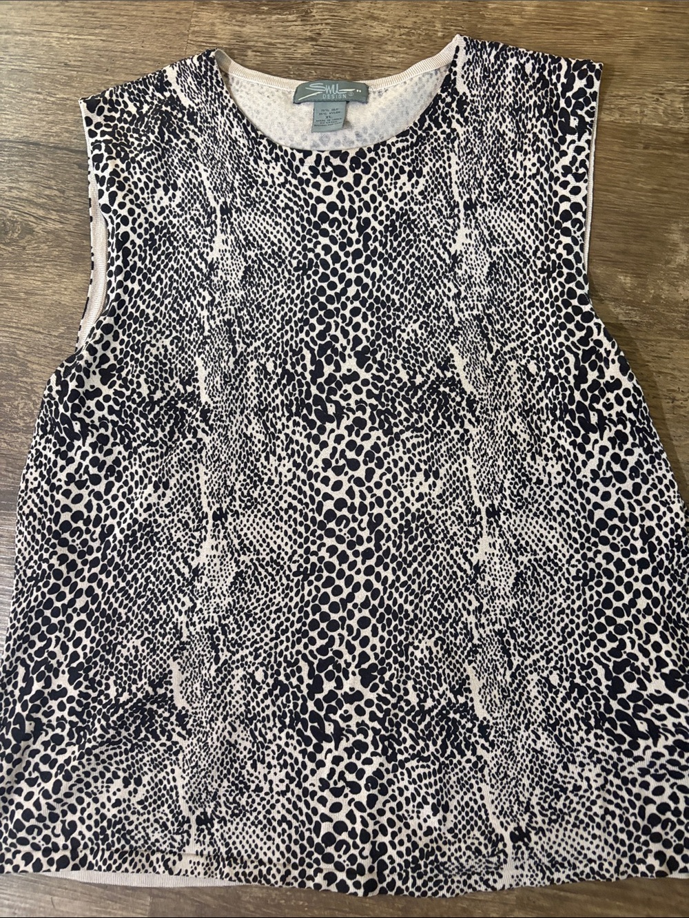 SML Splendid Black and Cream Animal-Print Sleeveless Top Silk/Nylon Blend XL